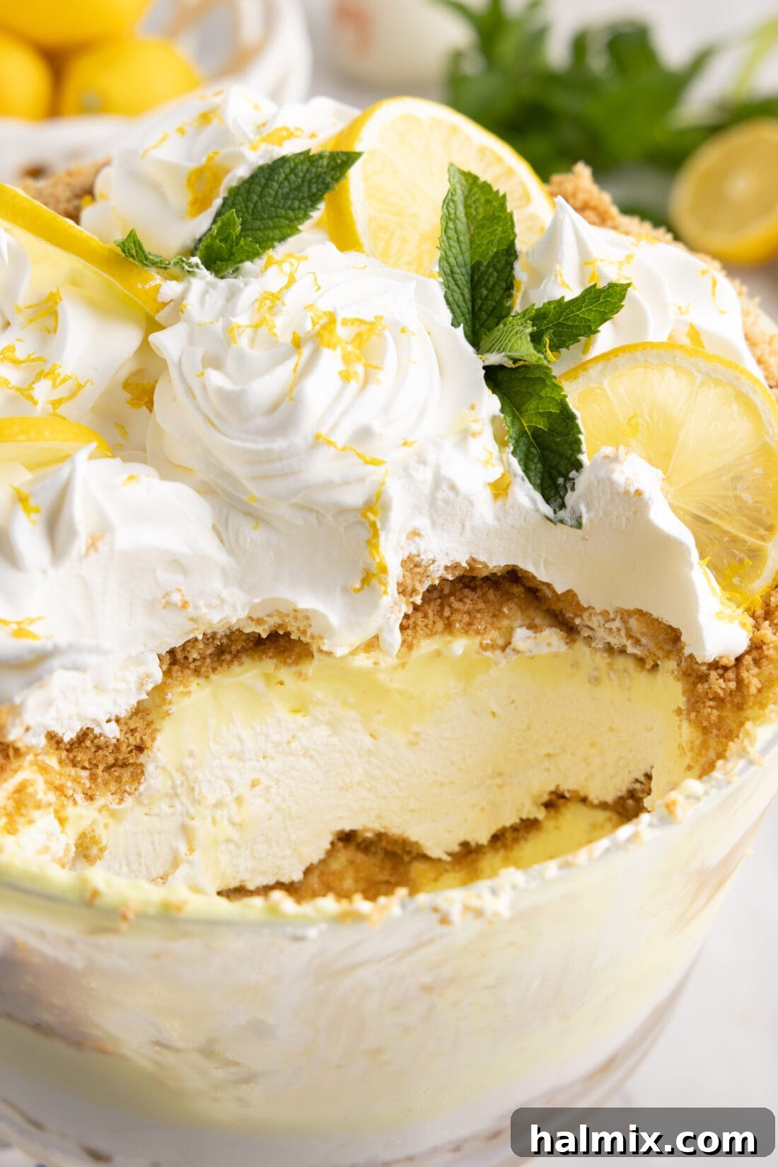 Lemon Lush Trifle with a spoonful removed