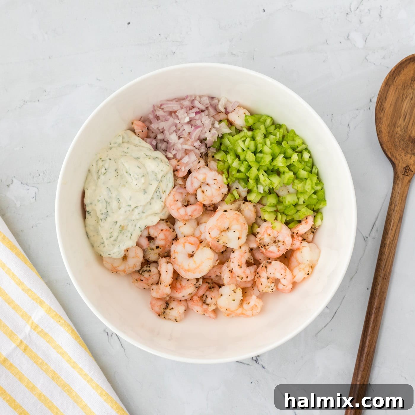 shrimp salad ingredients in a bowl
