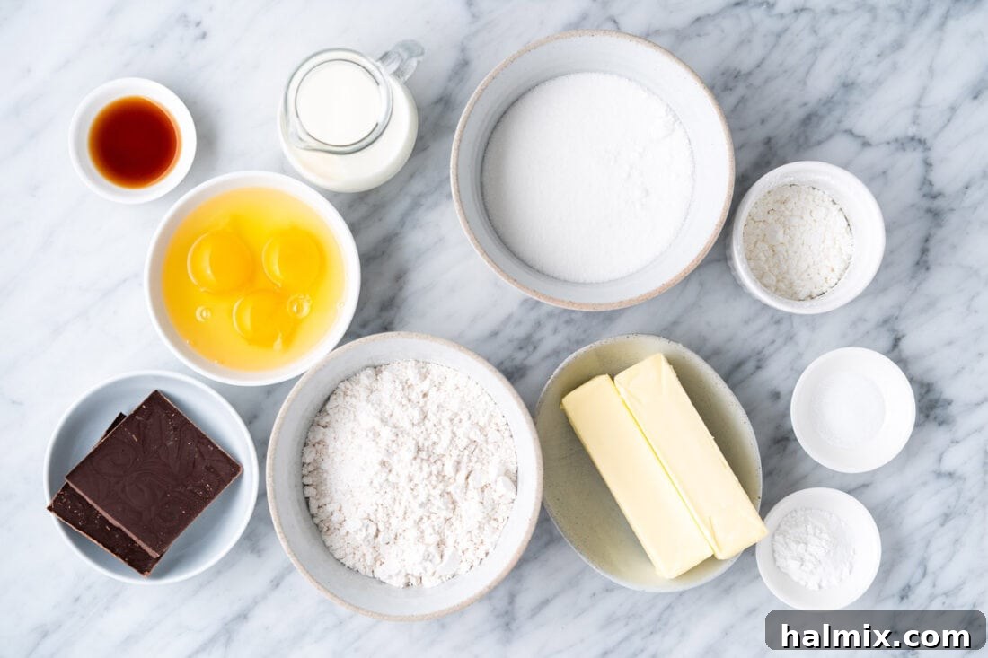 Swirled Delight 4 Marble Cake ingredients laid out on a counter, including flour, sugar, butter, eggs, chocolate, and milk