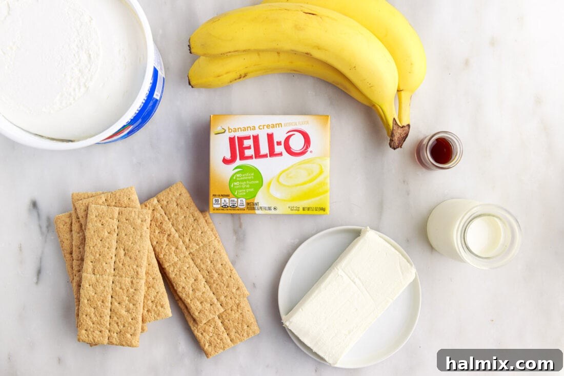 All ingredients for Banana Cream Pie Icebox Cake laid out on a countertop.
