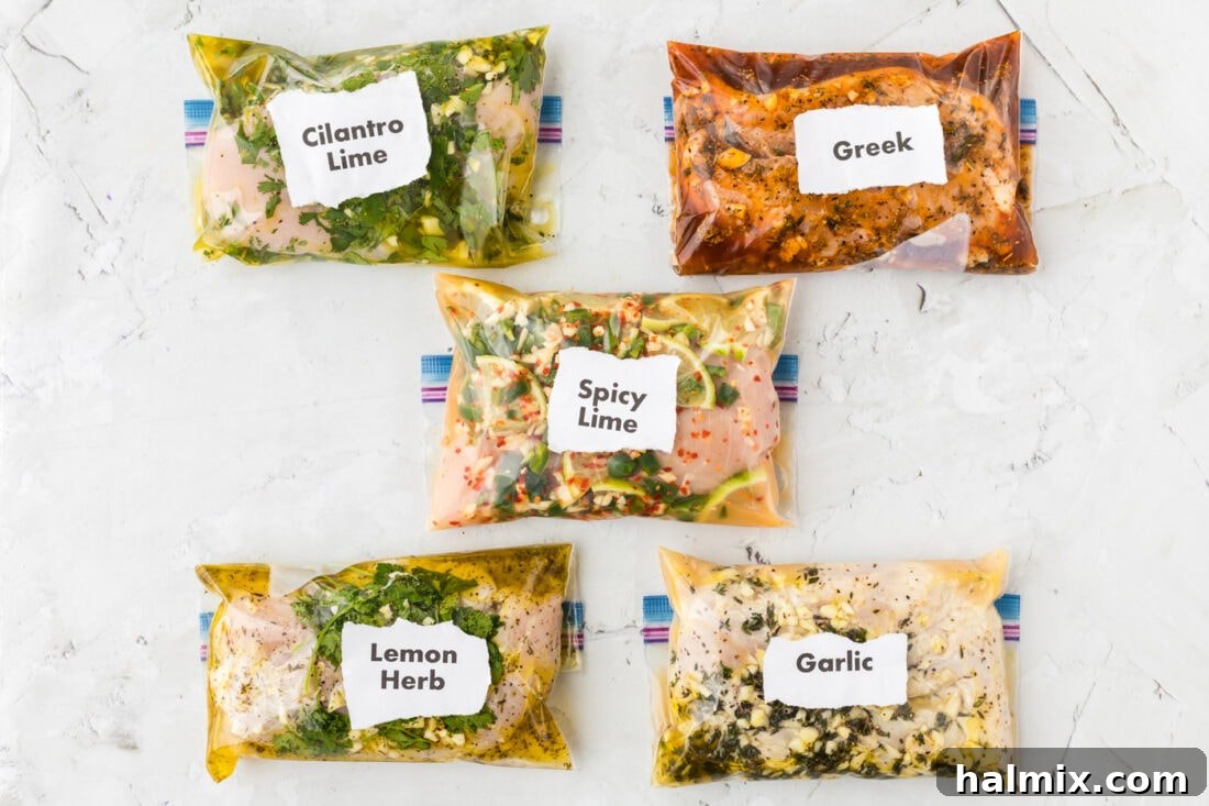 Five different chicken marinades in bags, ready for cooking
