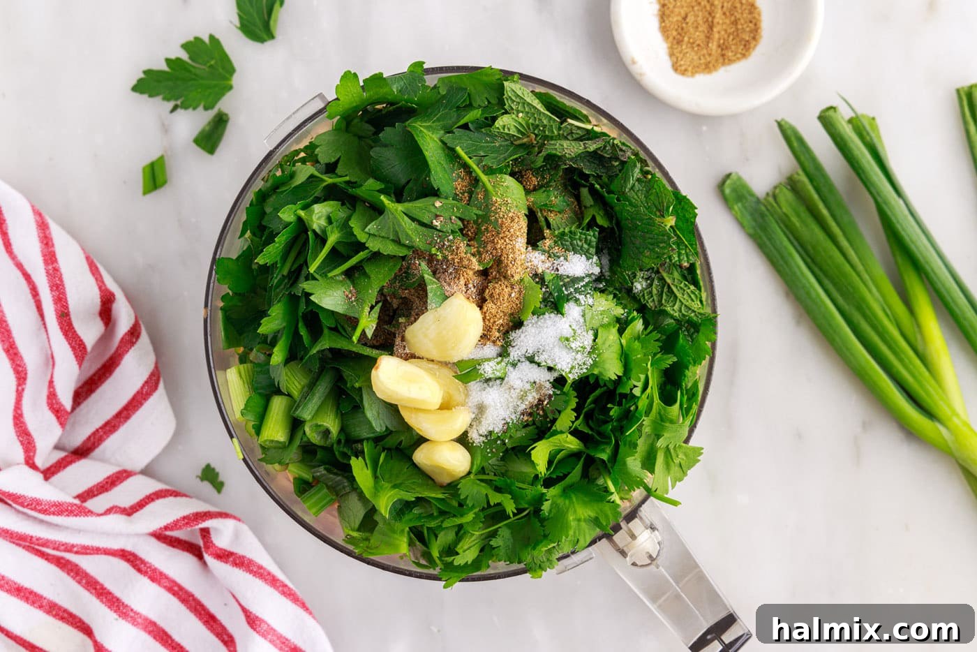 The Golden Chickpea Delight 6 fresh herbs and garlic added to food processor with chickpeas