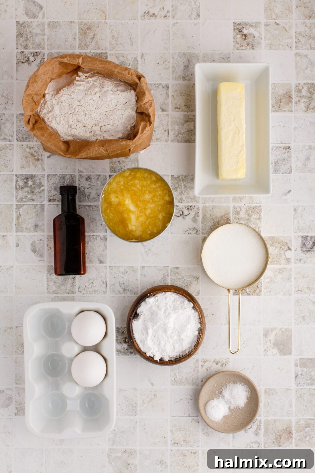 All the ingredients laid out for making Pineapple Quick Bread