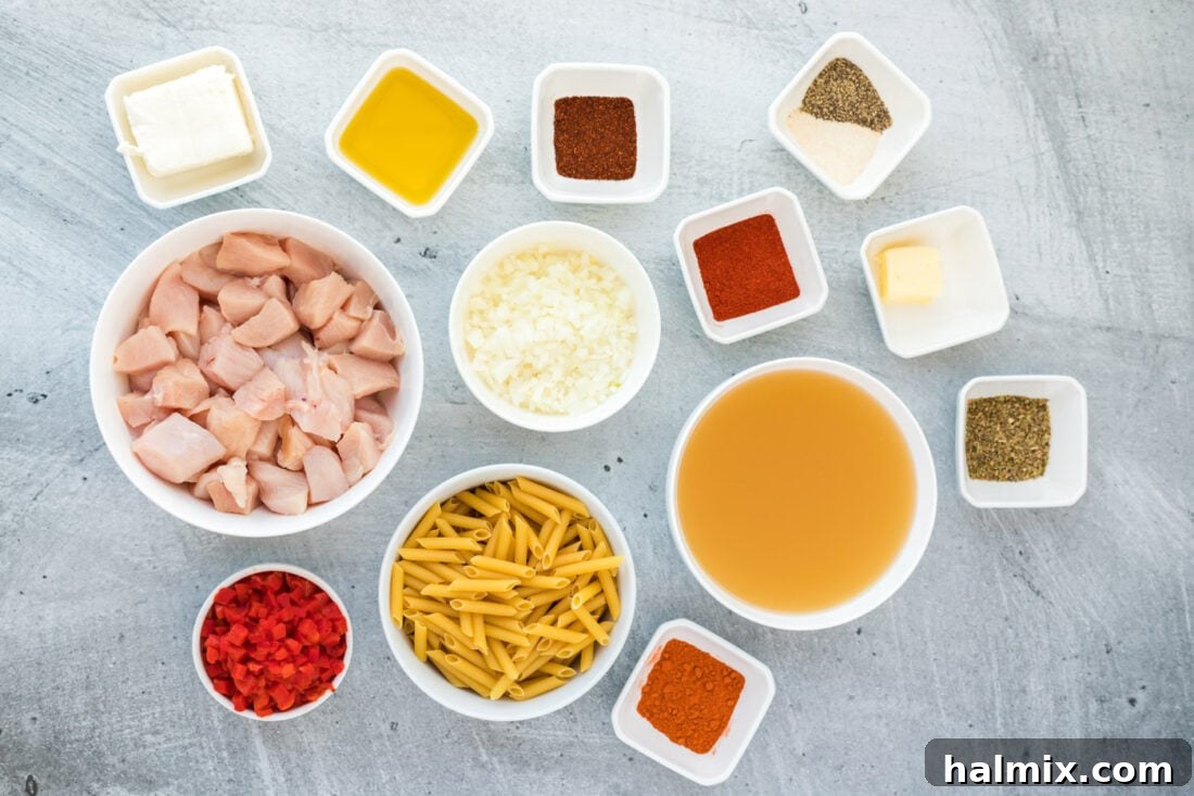 An overhead shot of all the fresh ingredients needed for Cajun Chicken Pasta, including chicken breast, pasta, spices, onion, and bell peppers.