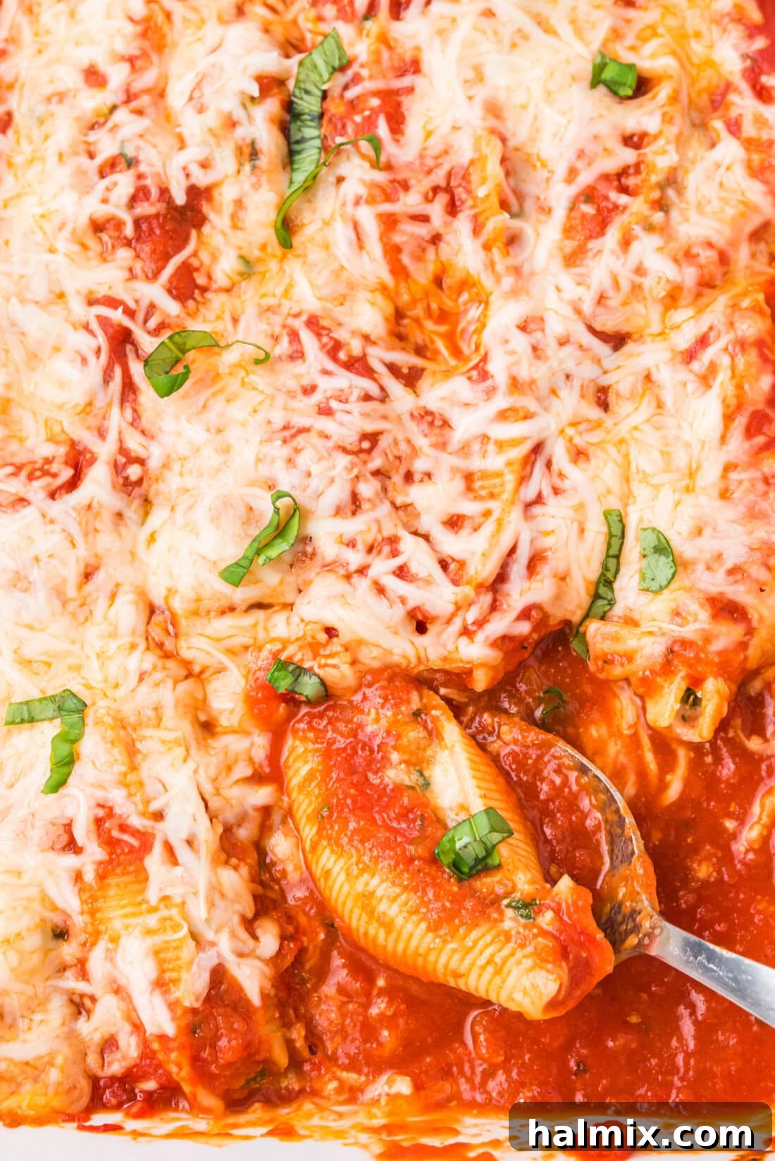 pan of Stuffed Shells with a spoon