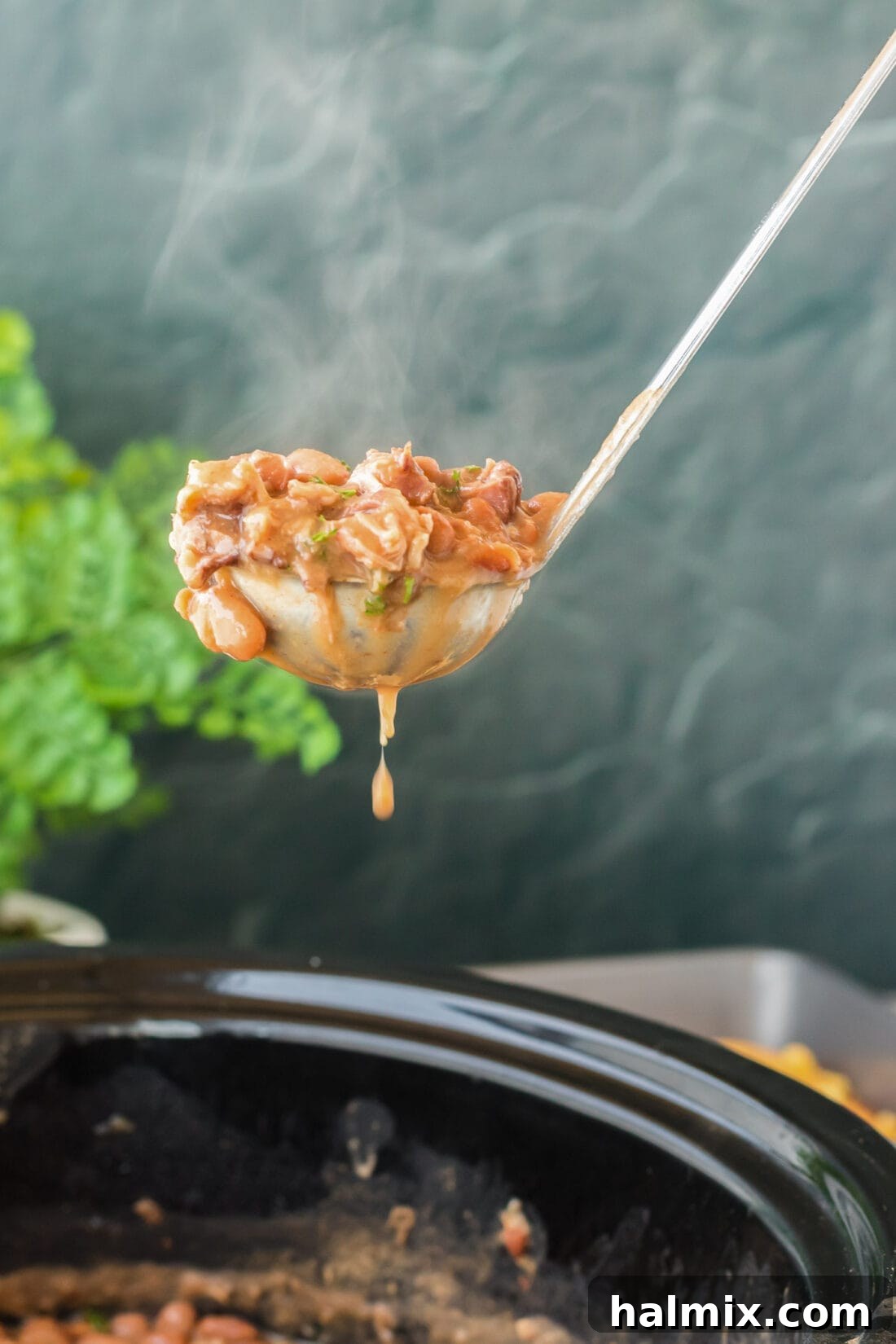 Ladle full of crockpot pinto beans, showcasing their rich texture and color