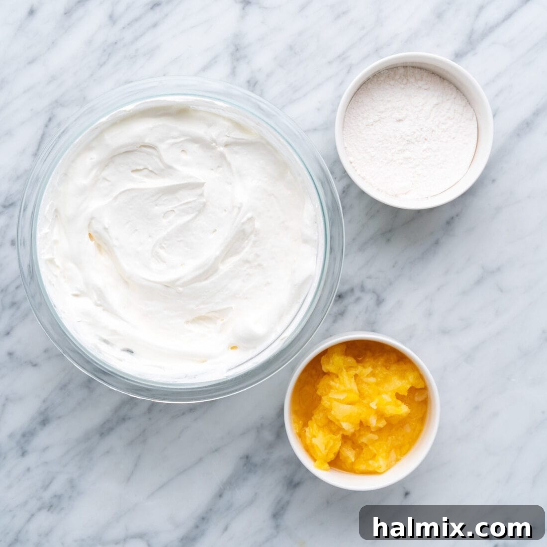 Sun-Kissed Pineapple Dream 5 ingredients for the pineapple frosting, including whipped cream and instant vanilla pudding mix