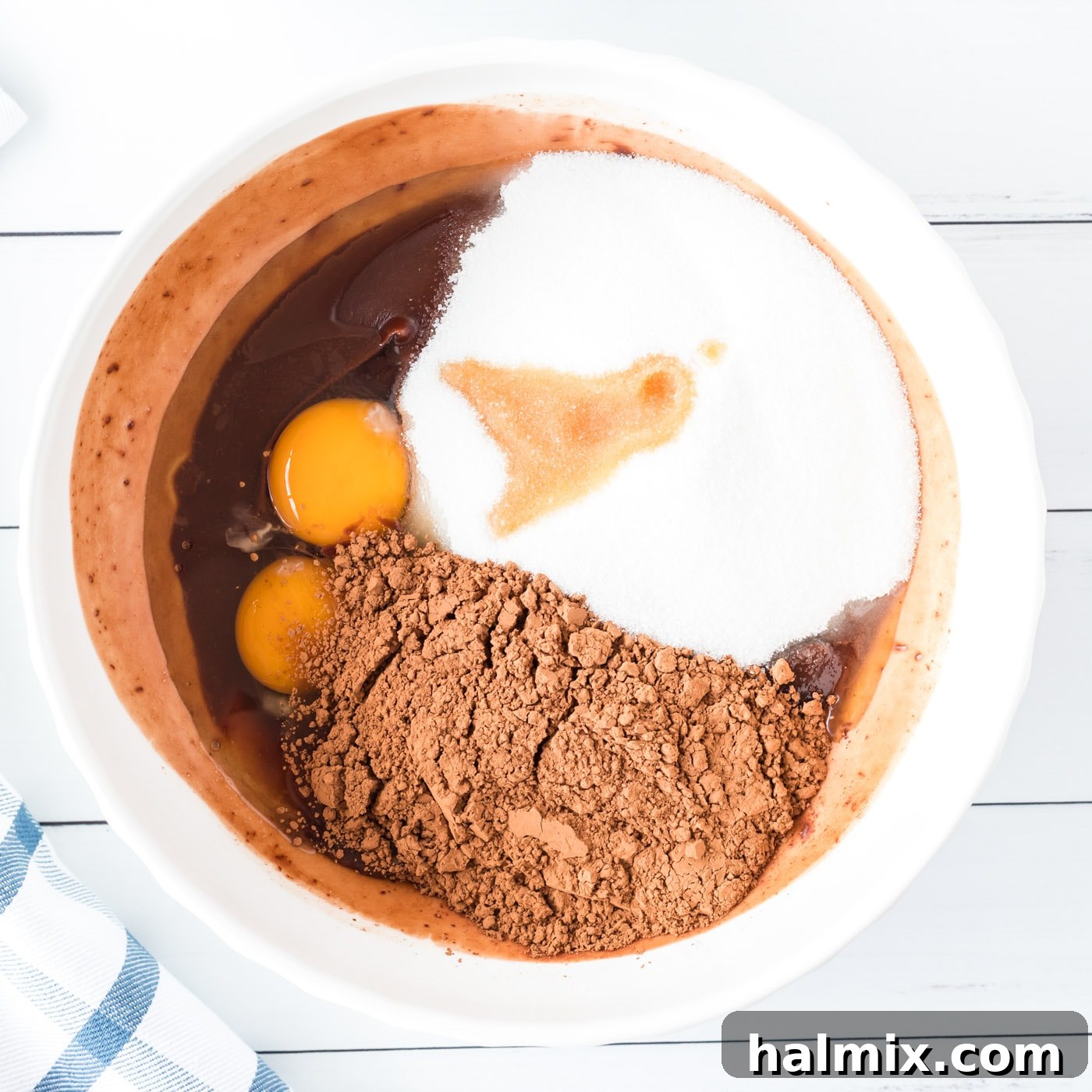 Room temperature eggs, cocoa powder, sugars, and vanilla extract added to the chocolate base for brownies