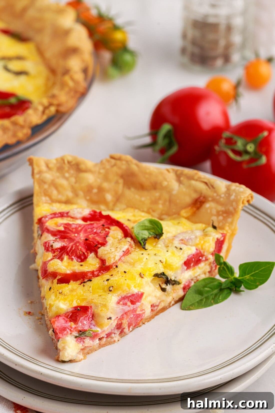slice of Southern Tomato Pie on plate