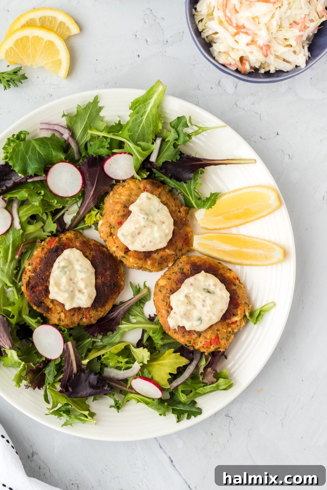 Golden Crab Delights 2 Crab Cakes with greens