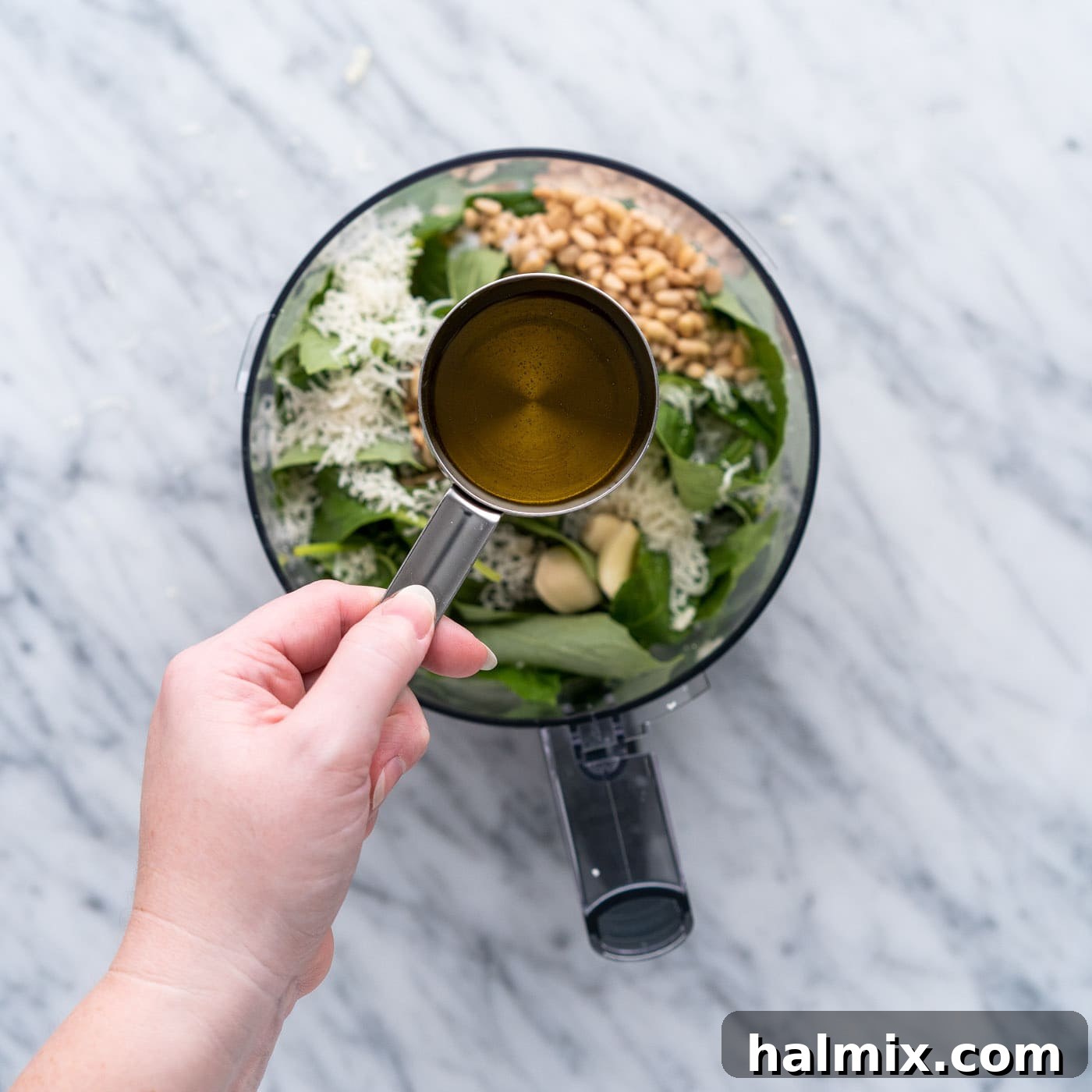 Pouring extra virgin olive oil into a food processor with fresh basil, pine nuts, and garlic cloves.