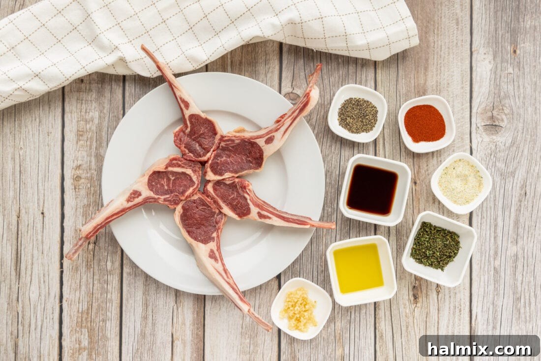 A selection of ingredients for making Grilled Lamb Chops, including spices and olive oil