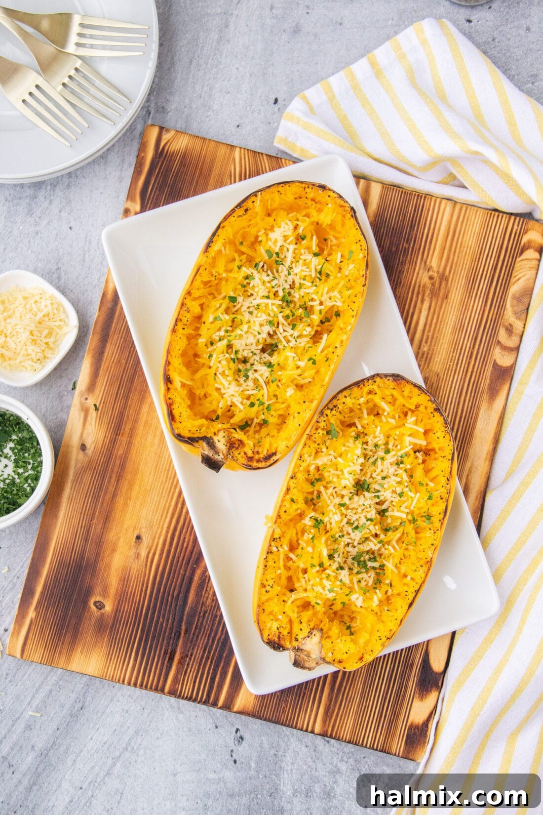 Baked Spaghetti Squash on a cutting board