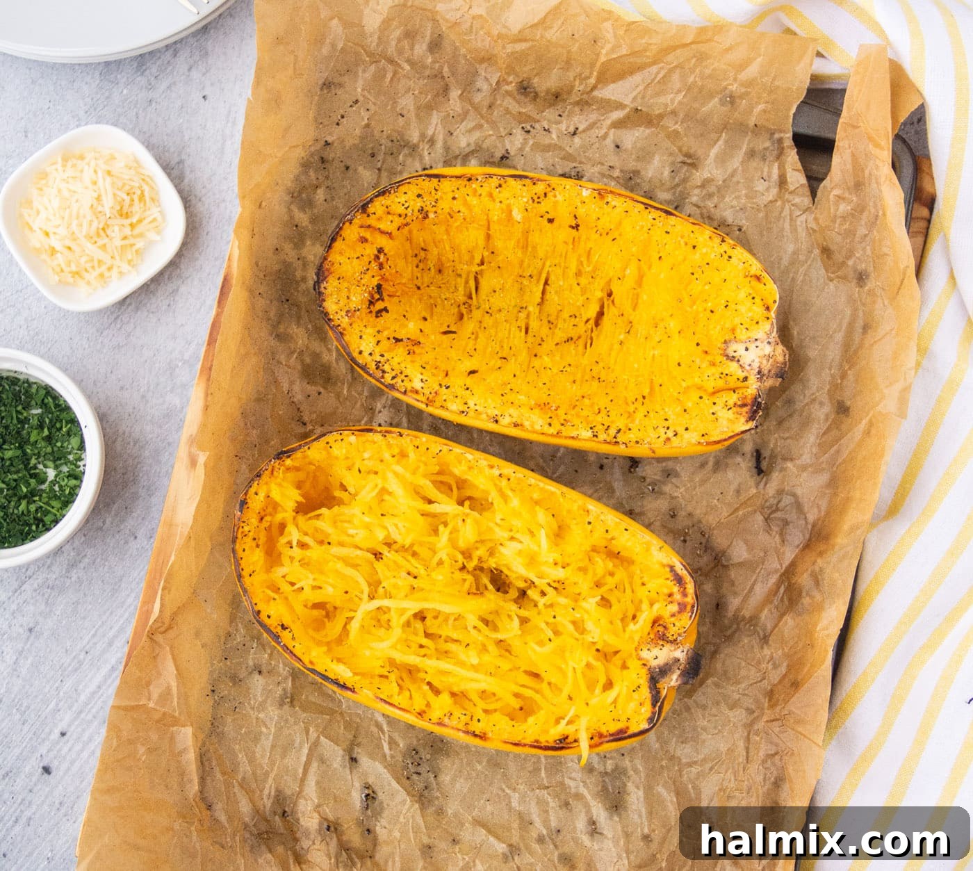 baked spaghetti squash on a baking tray