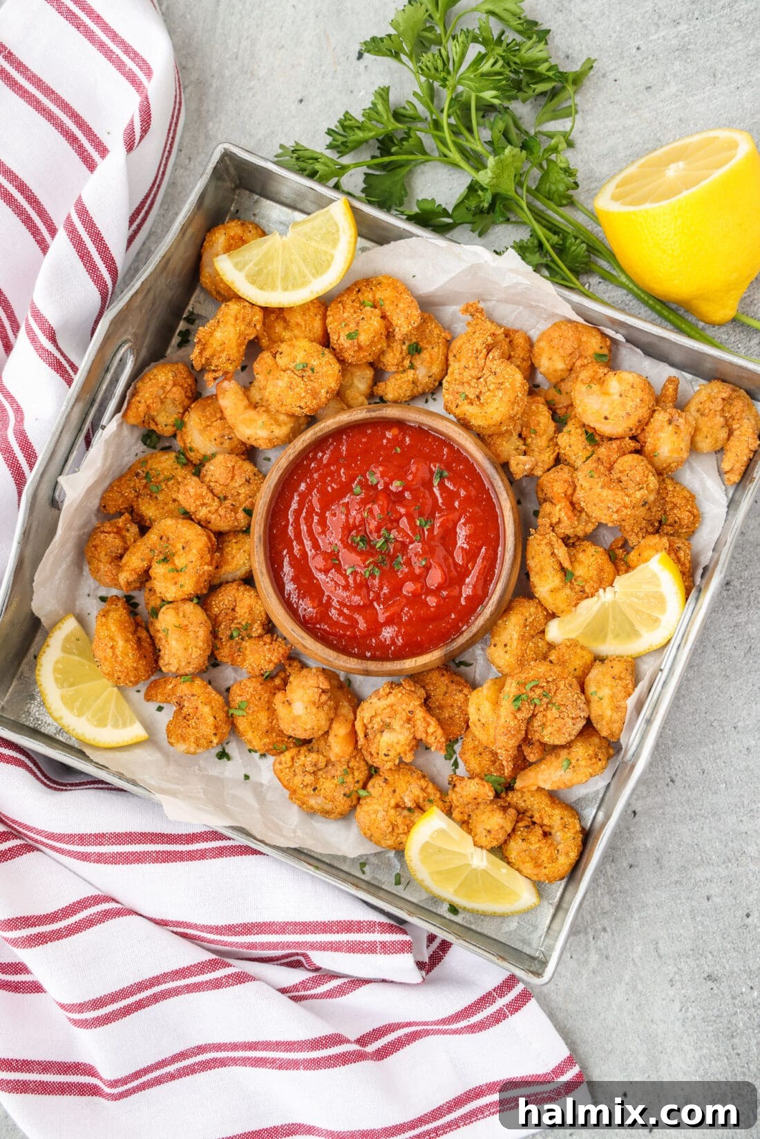 Golden Shrimp Poppers 2 Popcorn Shrimp and dipping sauce