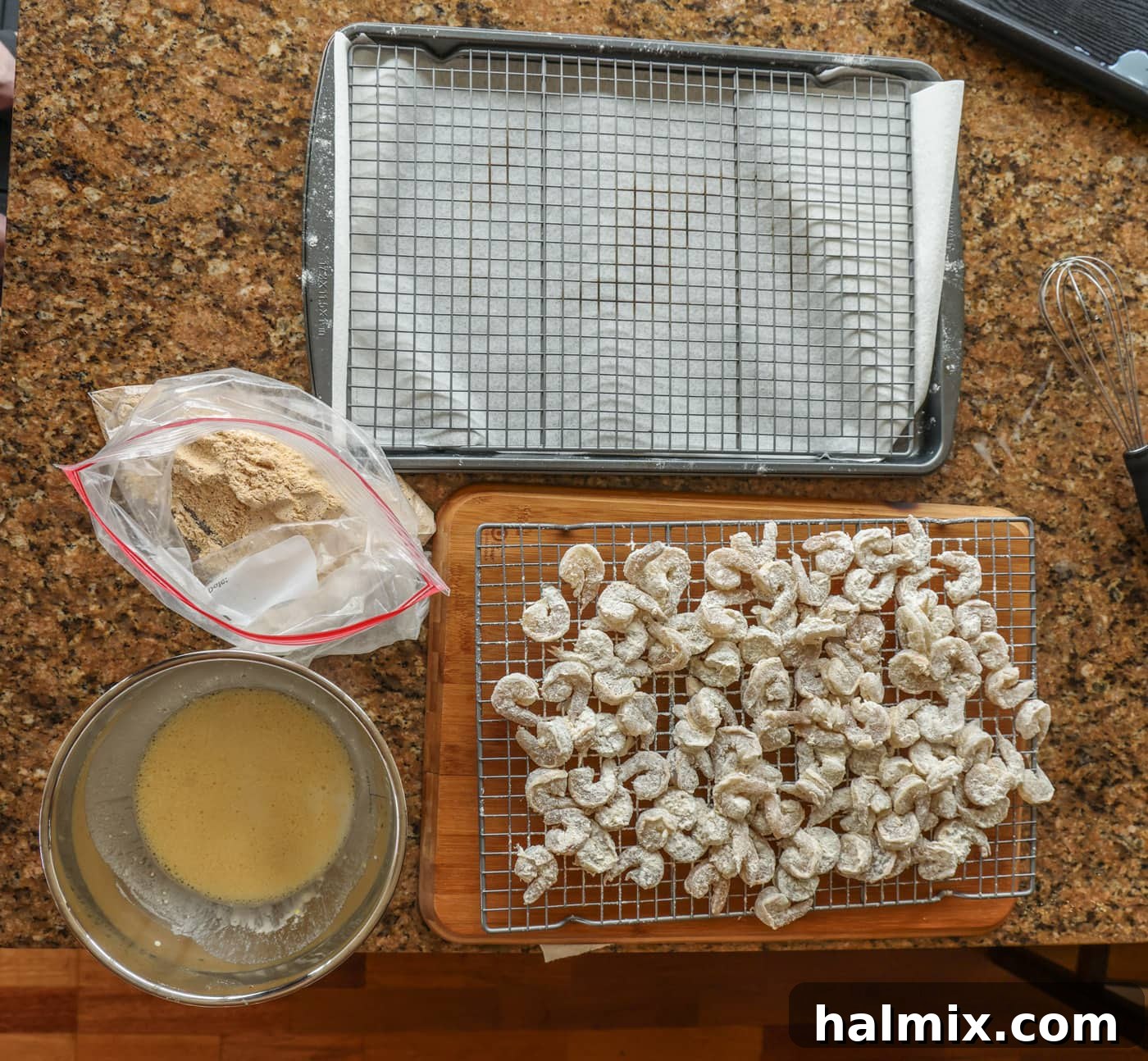 Golden Shrimp Poppers 9 dredging station for popcorn shrimp