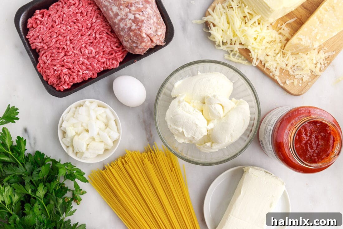 A collection of fresh ingredients laid out on a kitchen counter, including spaghetti, ground meats, cheeses, and marinara sauce, ready for Million Dollar Spaghetti preparation.