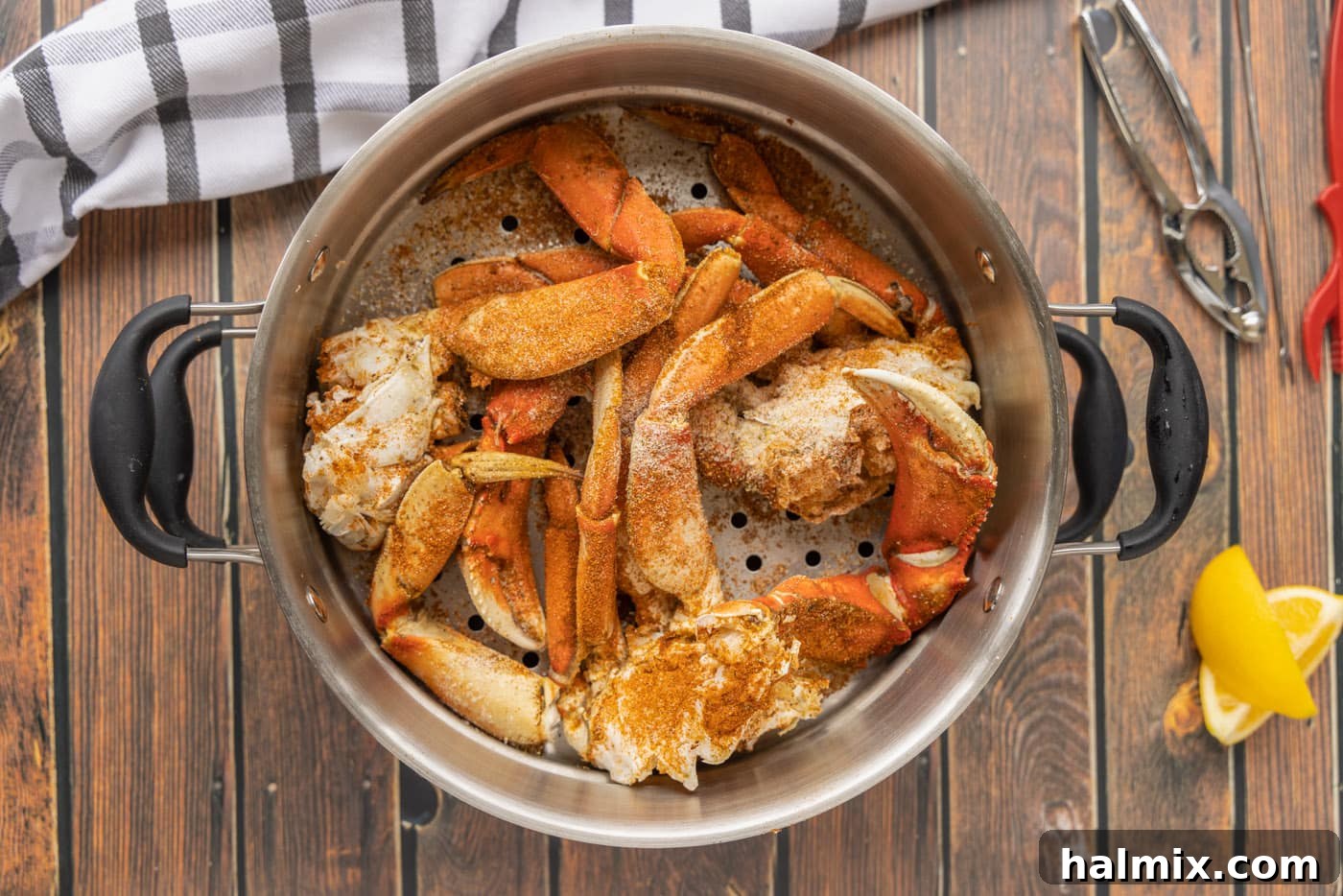 Succulent Dungeness Crab Legs 5 Dungeness crab legs placed in a steam pot