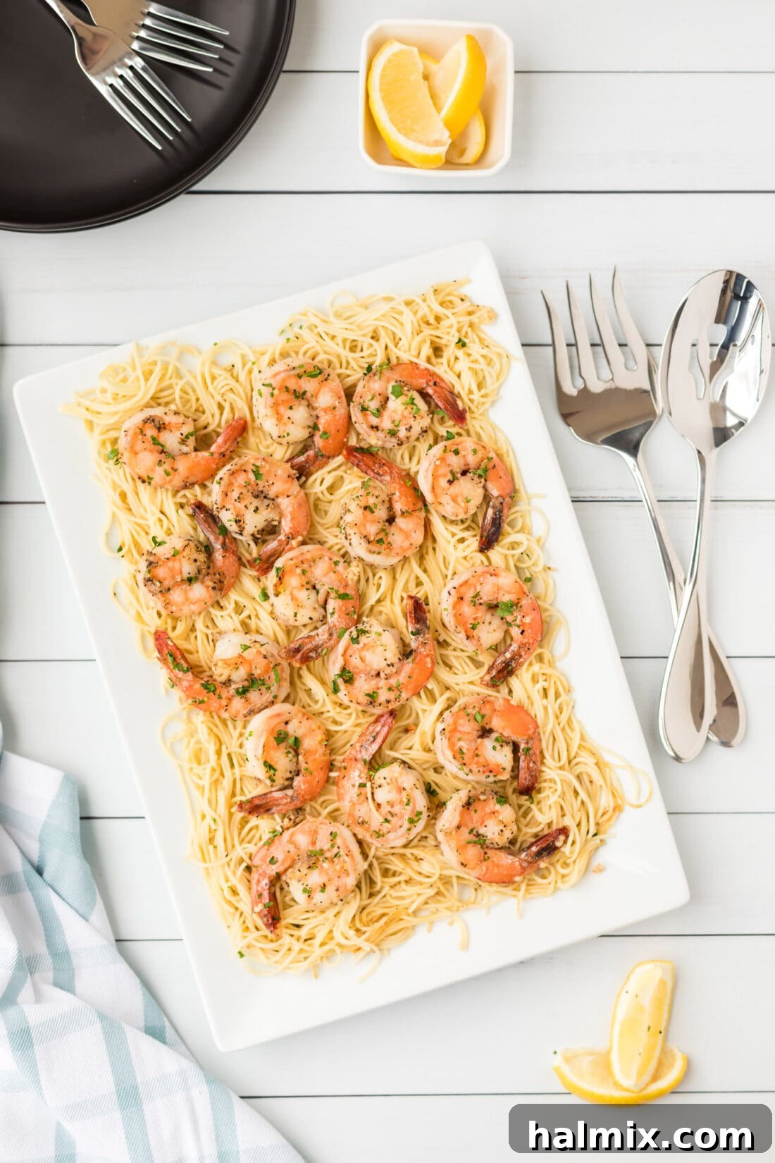 Bright Garlic Shrimp Scampi Pasta 3 Shrimp Scampi Pasta on platter, ready to serve