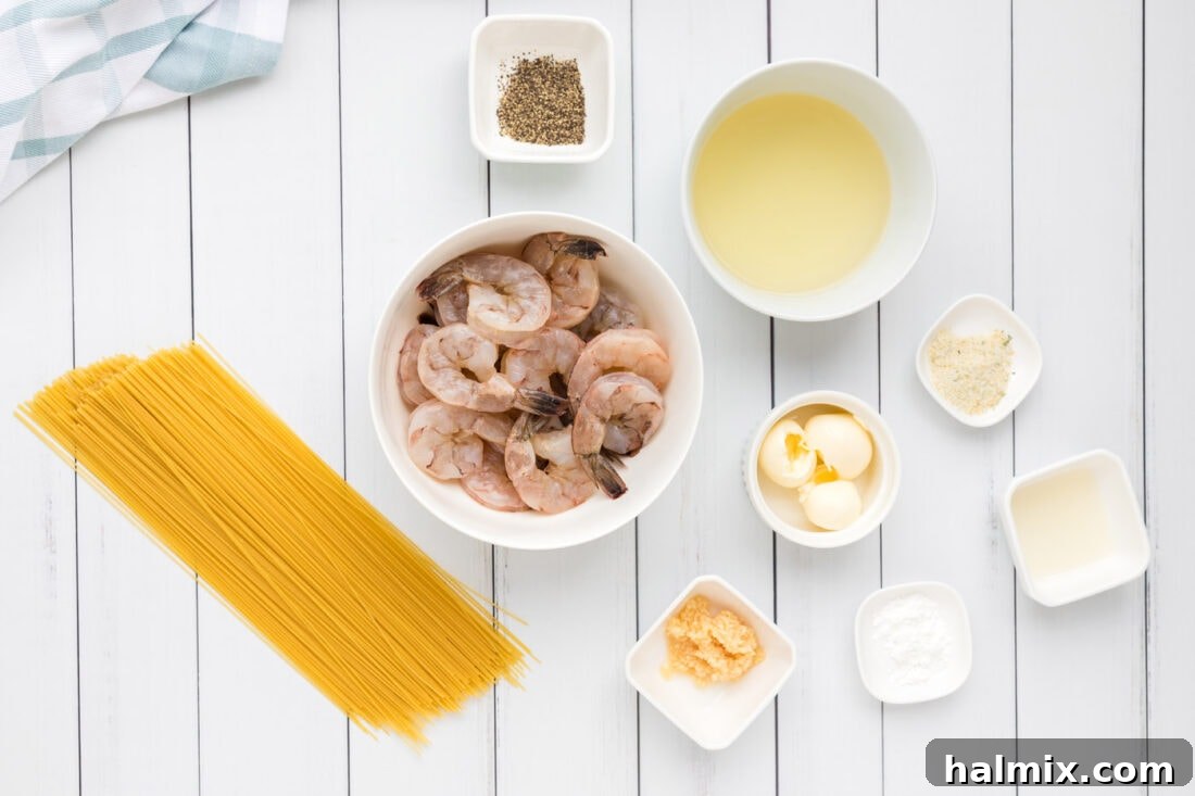 Bright Garlic Shrimp Scampi Pasta 4 ingredients laid out to make Shrimp Scampi Pasta