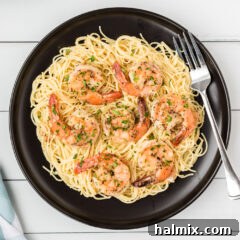 Bright Garlic Shrimp Scampi Pasta 8 plate of Shrimp Scampi Pasta, garnished