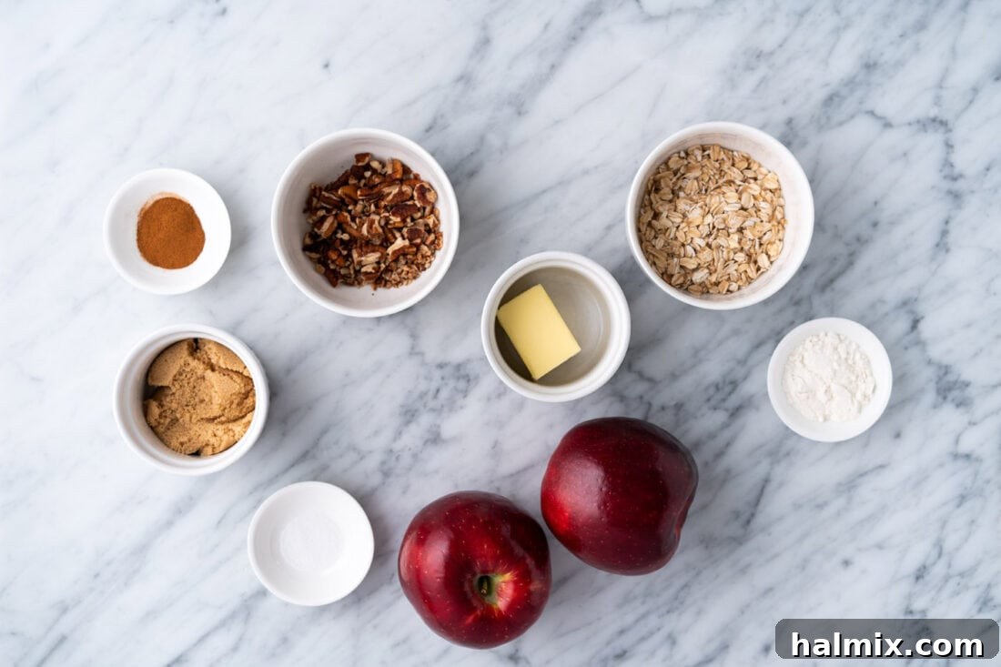 Air Fried Apple Delights 4 Ingredients laid out on a table to make Air Fryer Baked Apples, including apples, oats, pecans, brown sugar, butter, flour, cinnamon, and salt.