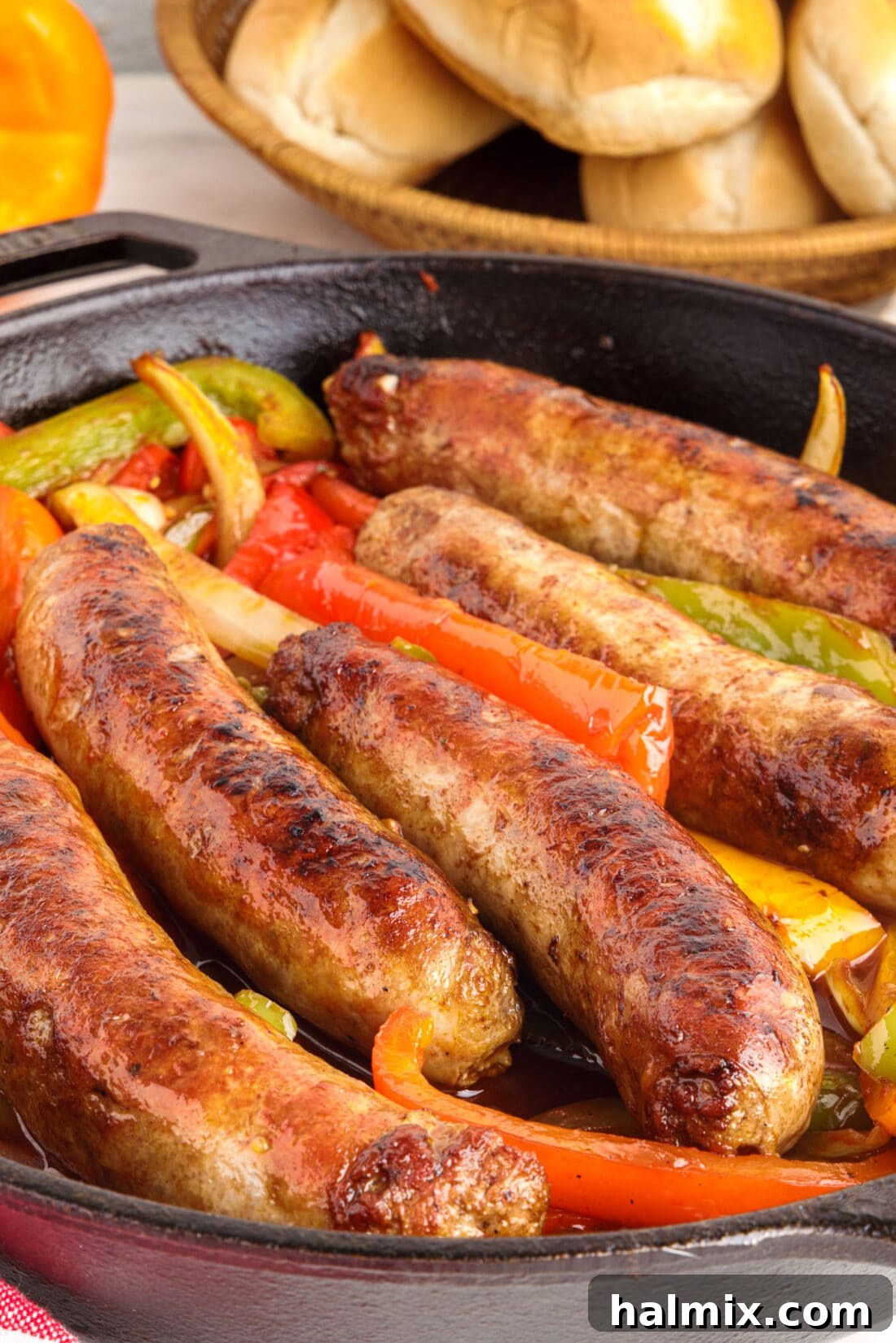Sausage and Peppers in a skillet, ready to be served