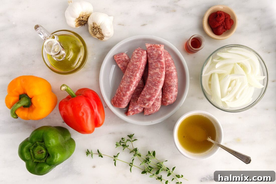 ingredients to make Sausage and Peppers, neatly laid out
