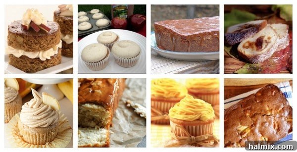 A collage featuring various apple cider cakes and cupcakes, showcasing different frosting and topping ideas