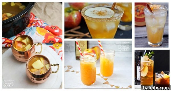 A beautiful collage of various apple cider drinks, including hot cider, cocktails, and refreshing sodas