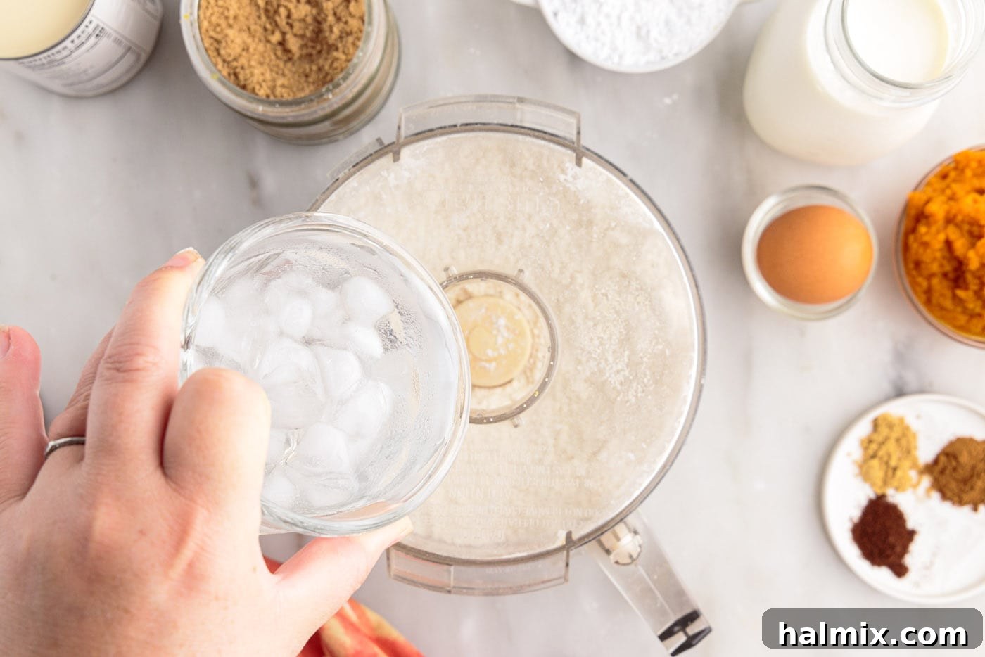 Petite Pumpkin Delights 6 pouring ice water into food processor