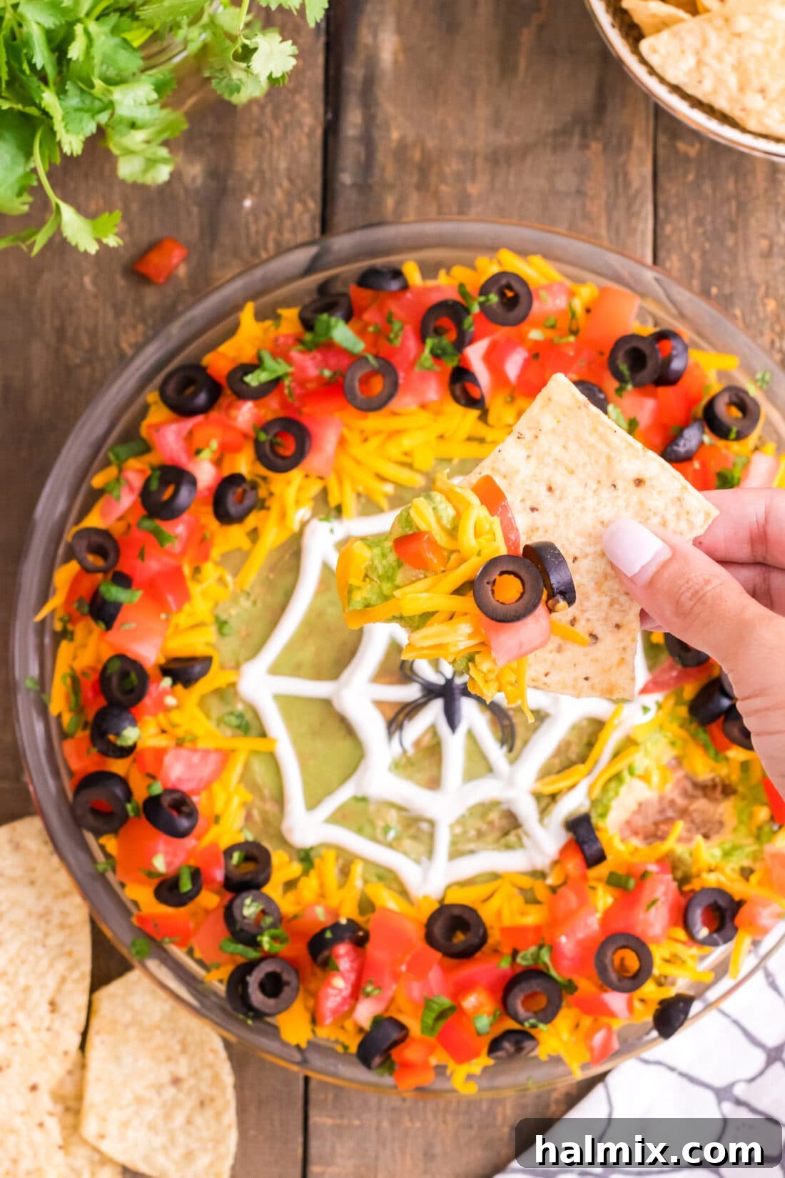 A close-up shot of a chip scooping a generous portion of Spider Web Taco Dip, showcasing its vibrant layers and creamy texture, with the sour cream web still intact.