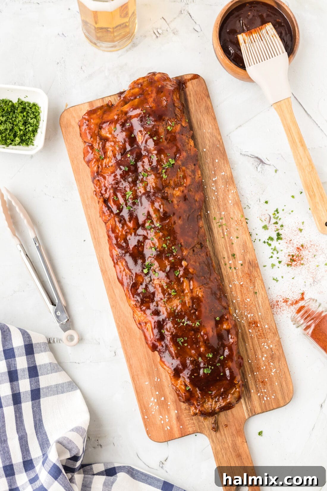 slab of Instant Pot Ribs on cutting board