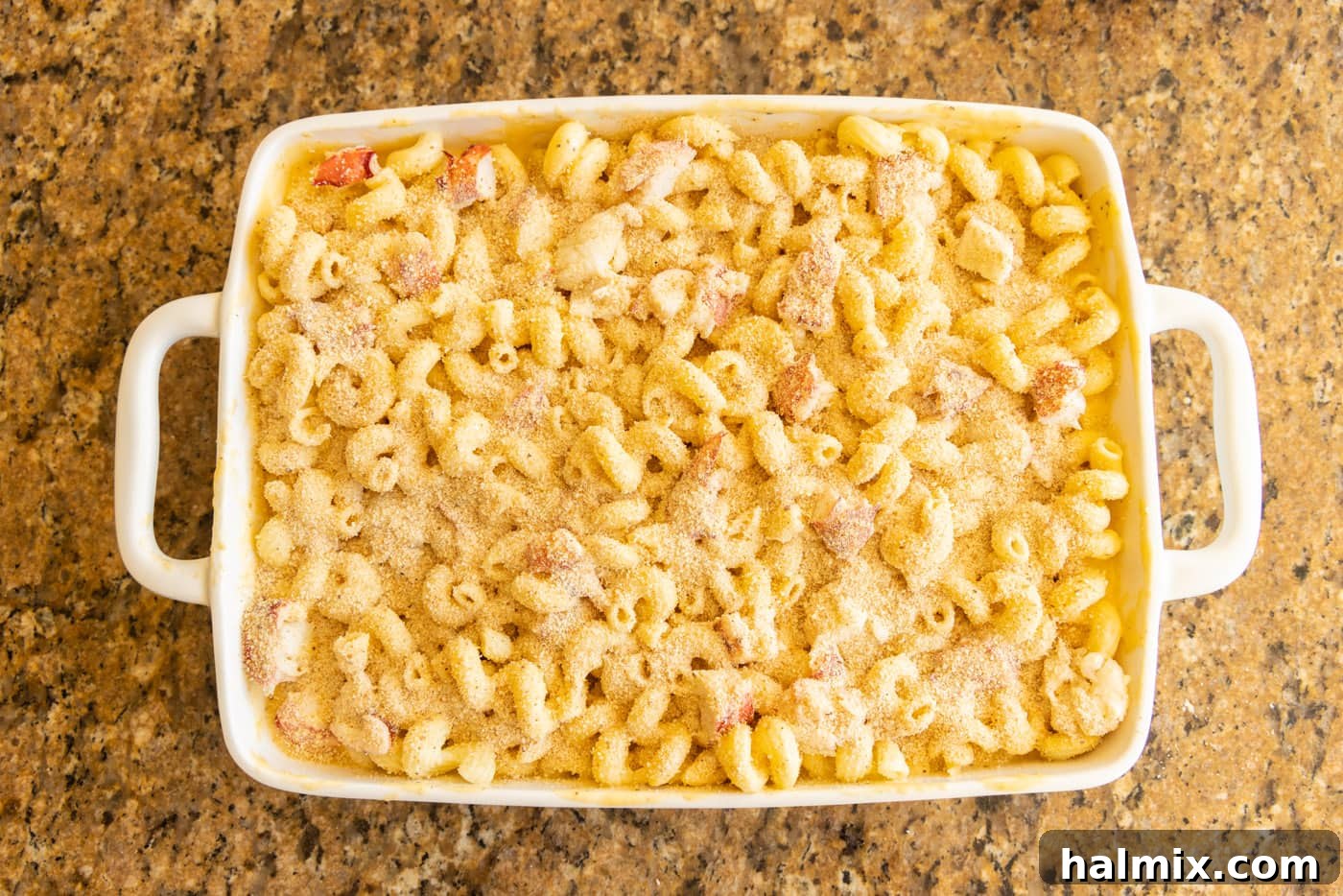 breadcrumbs sprinkled over lobster mac and cheese before baking