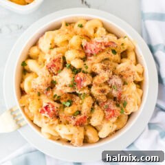 Lobster Mac and Cheese in a bowl, top-down view