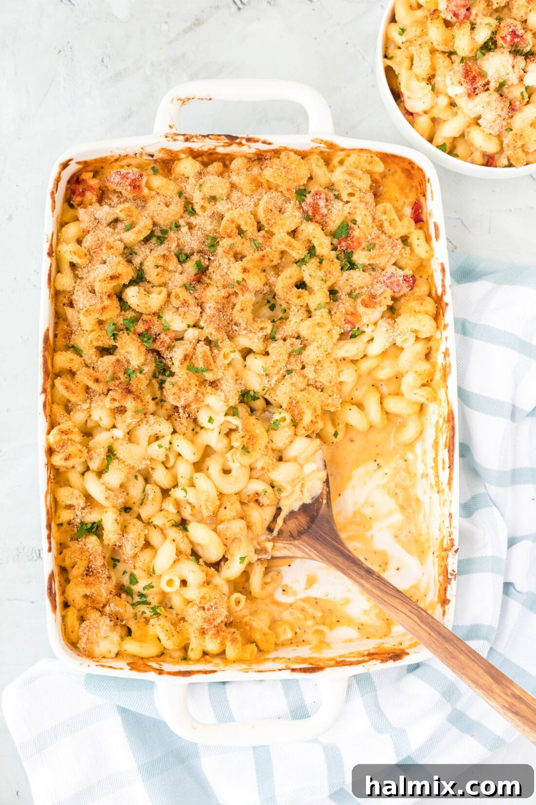 baking pan of Lobster Mac and Cheese, freshly baked and bubbling