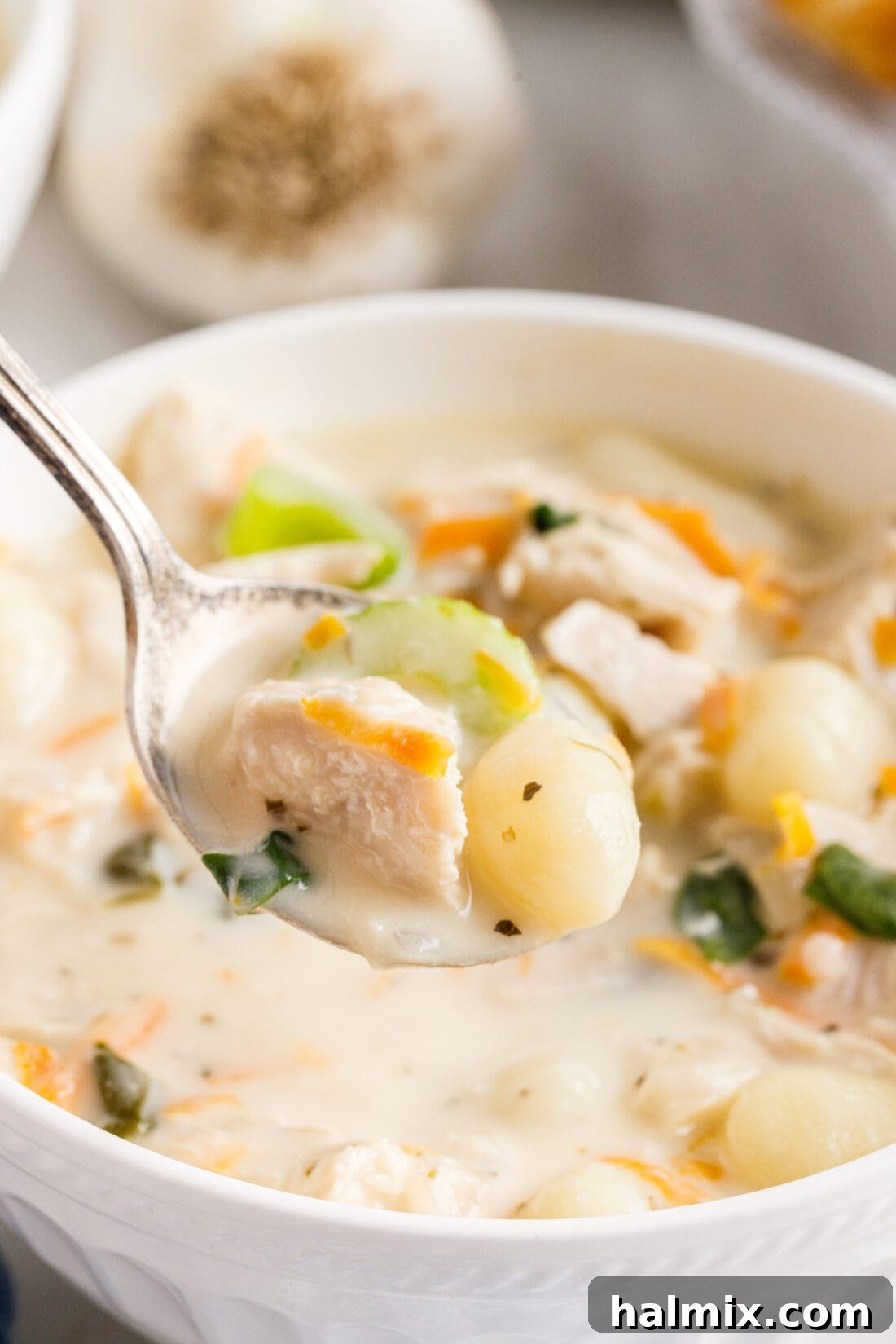 A beautiful bowl of creamy chicken gnocchi soup, garnished with fresh parsley, ready to be enjoyed.