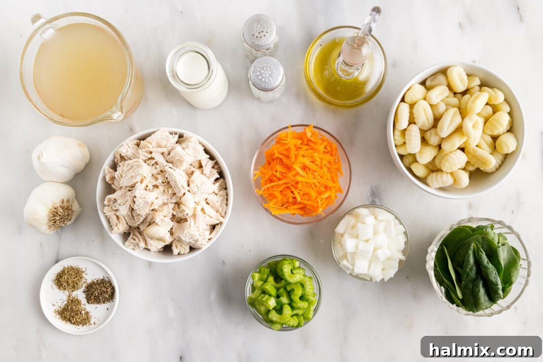 Various fresh ingredients laid out on a kitchen counter, including chicken breasts, gnocchi, spinach, carrots, celery, onion, garlic, and herbs, ready for making chicken gnocchi soup.