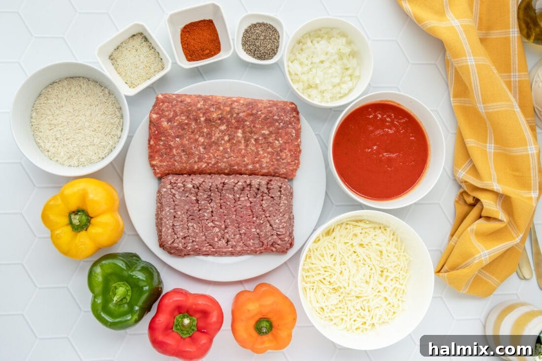 Savory Stuffed Peppers 4 Ingredients for Stuffed Peppers laid out on a table