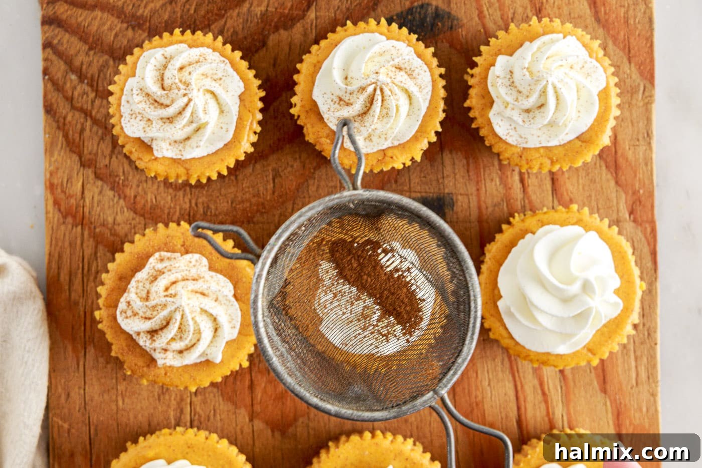 Spiced Pumpkin Cheesecake Minis 14 Dusting mini pumpkin cheesecakes topped with whipped cream with pumpkin pie spice.