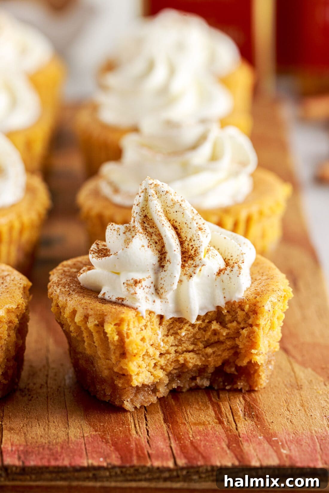 Spiced Pumpkin Cheesecake Minis 15 A delicious Mini Pumpkin Cheesecake with a bite taken out, showing its creamy texture.