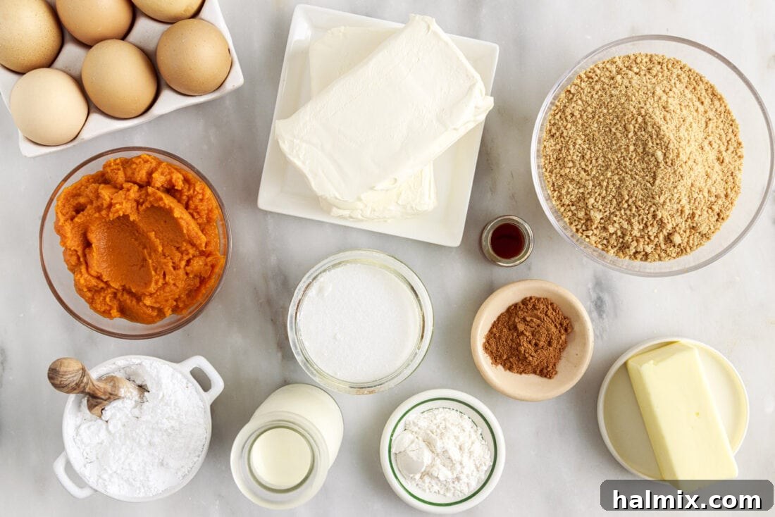 Spiced Pumpkin Cheesecake Minis 4 A collection of ingredients for Mini Pumpkin Cheesecakes laid out on a kitchen counter.