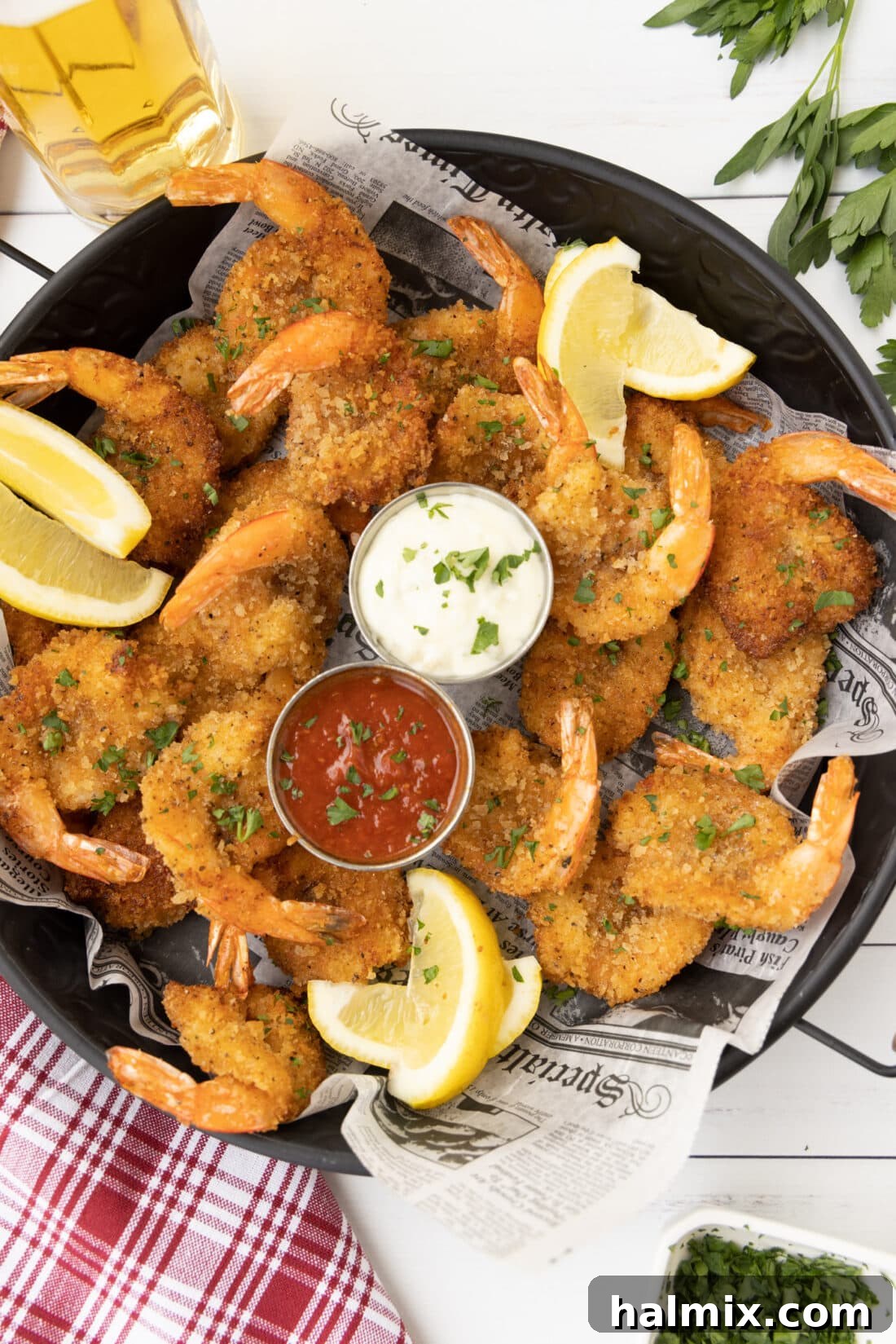 Round tray of crispy Butterfly Shrimp ready to be served
