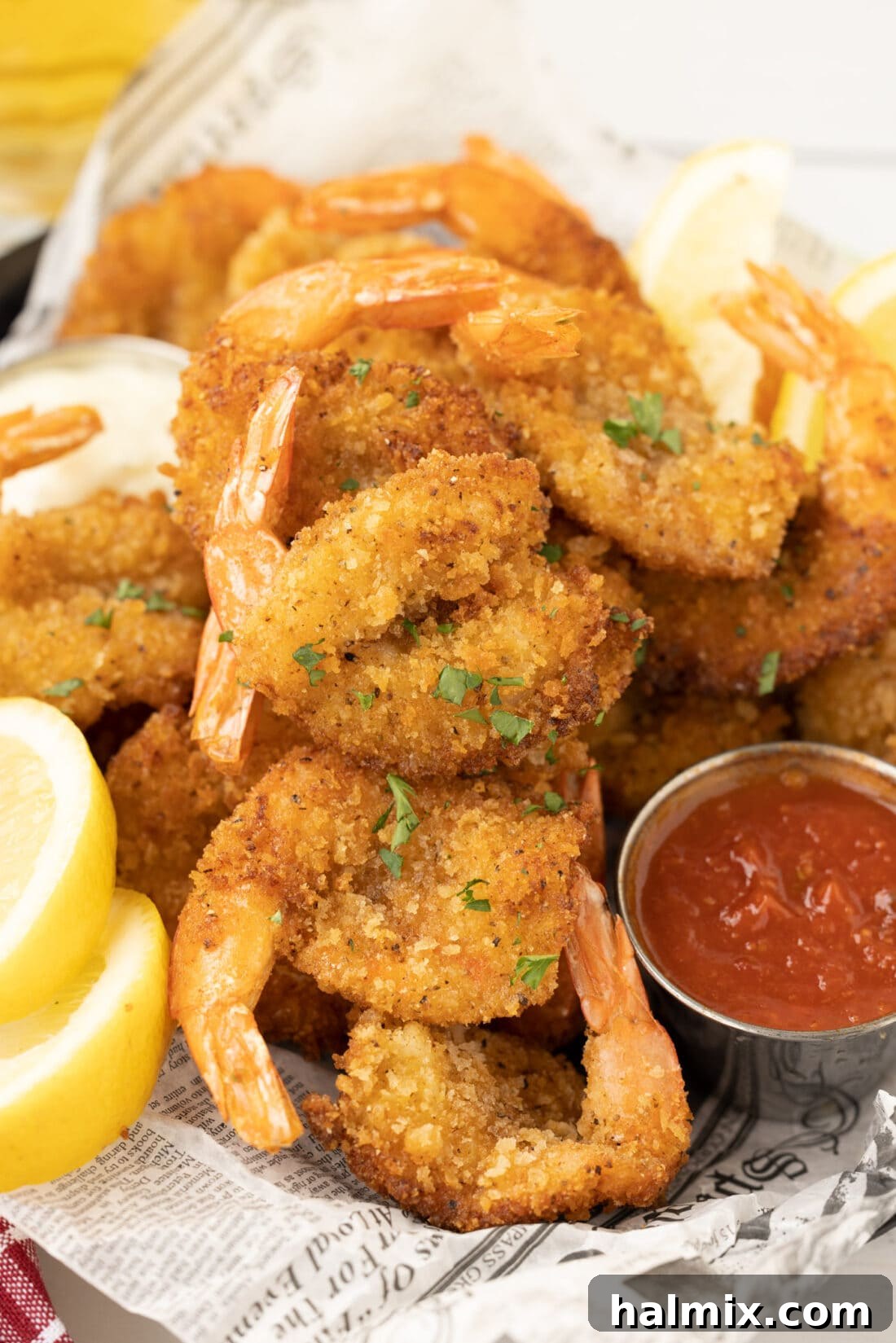Basket filled with golden-brown crispy Butterfly Shrimp