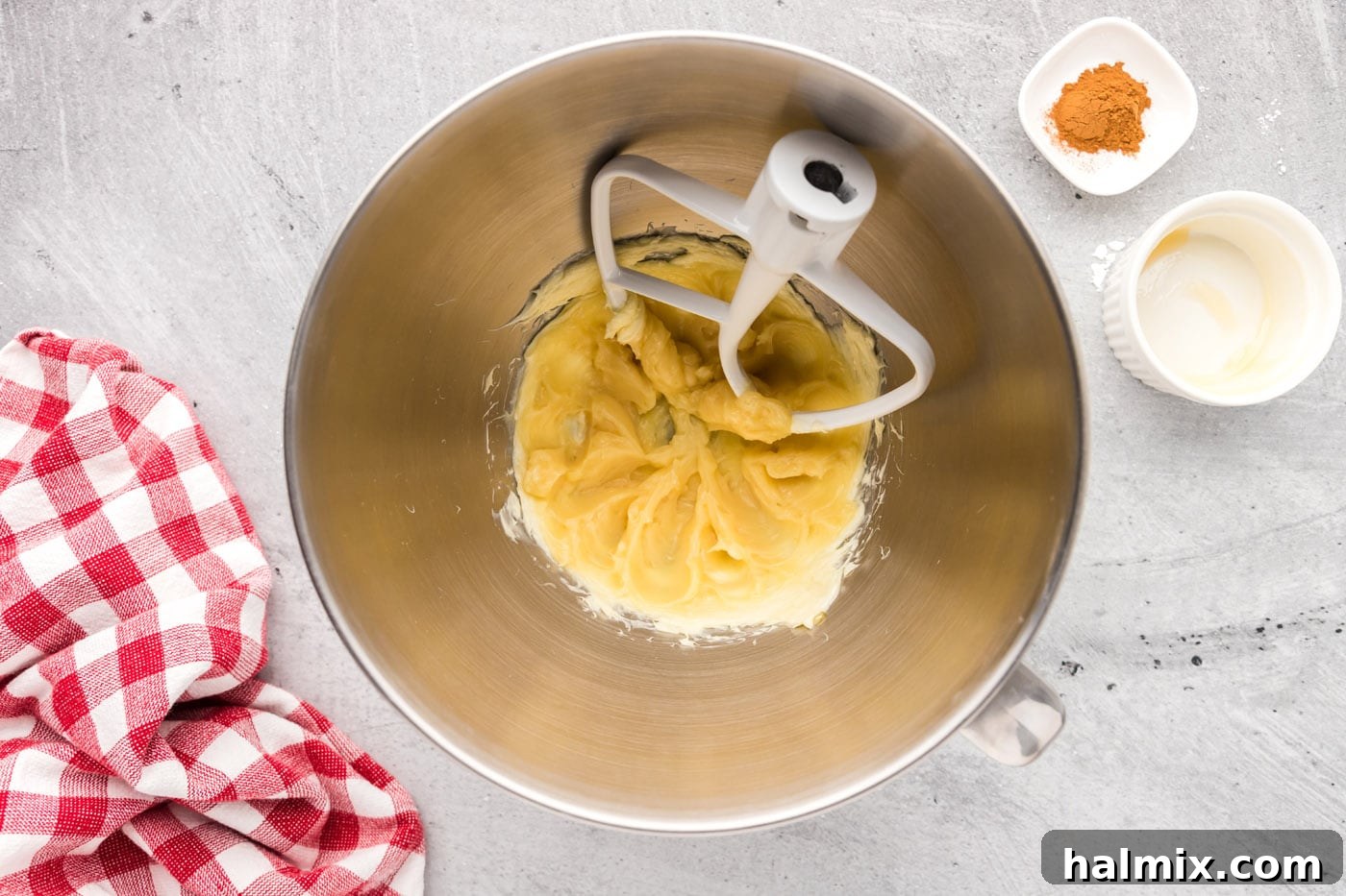Smooth honey butter mixture in a bowl after being beaten