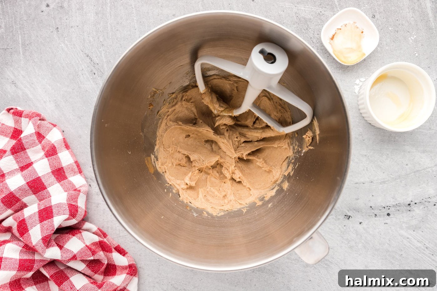 Finished creamy Cinnamon Honey Butter in the mixer bowl, ready to be stored