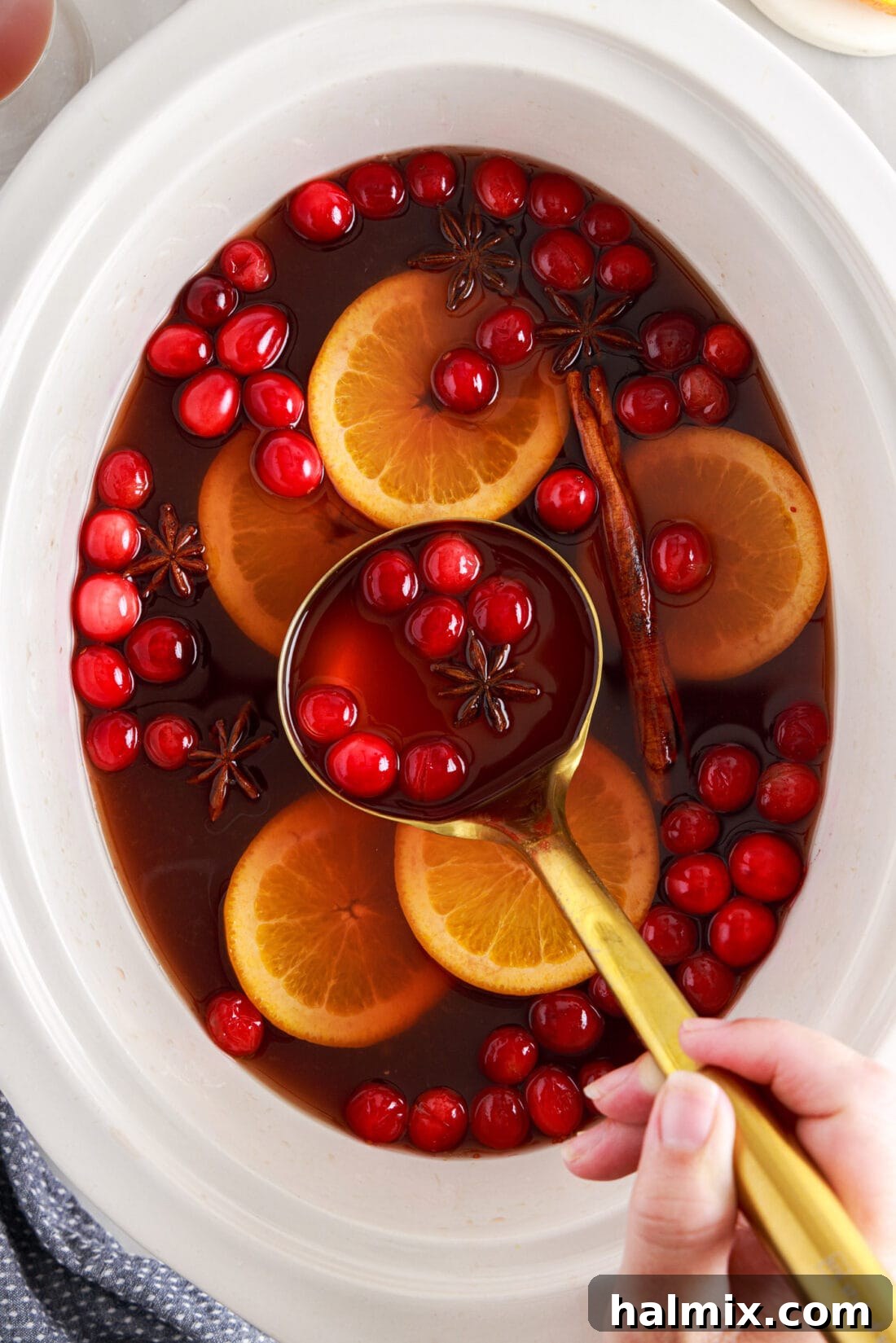 Warm Cranberry Elixir 2 Ladle of Hot Cranberry Punch, garnished with oranges and cranberries, in a slow cooker