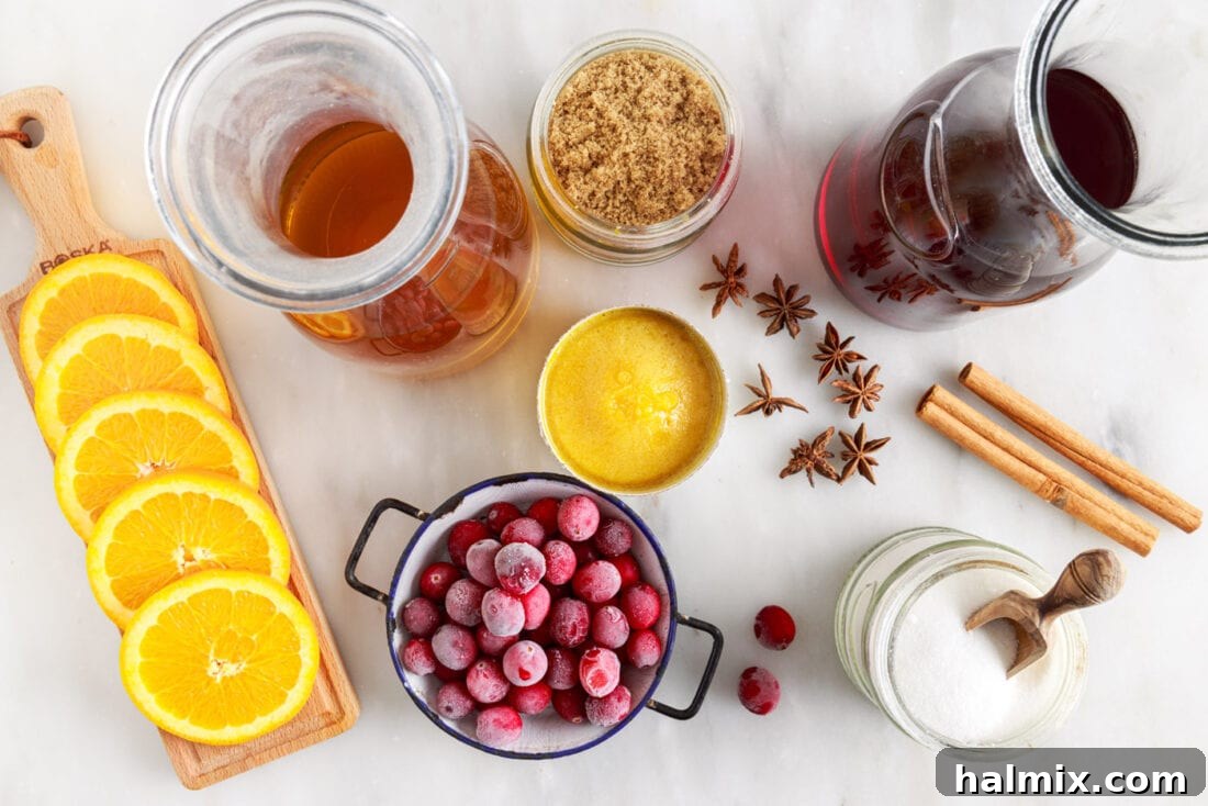 Warm Cranberry Elixir 4 Ingredients laid out for Hot Cranberry Punch