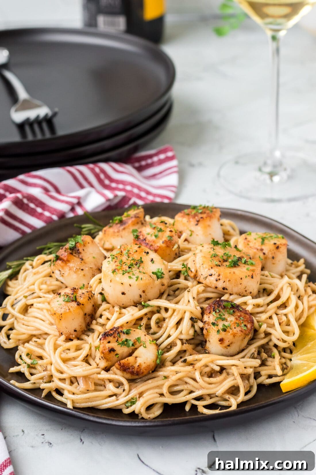 A perfectly plated serving of Scallop Pasta, showcasing the tender scallops and pasta coated in a rich sauce