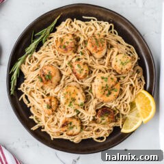 black plate of Scallop Pasta